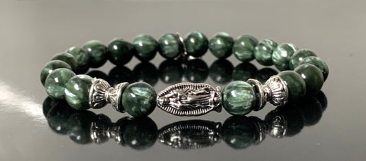 Seraphinite Stretch Bracelet with Choice of Alloy Silver Finish Mother Mary & Holy Cross or Lord Ganesha - Universal Birthstone - Heart & Crown Chakra