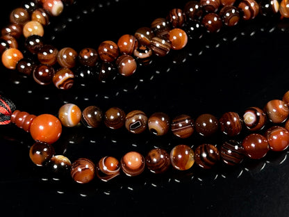 Handmade Red Striped Agate Mala Beads Necklace – 8mm, 108 Beads – Root Chakra, Aries & Scorpio Birthstone
