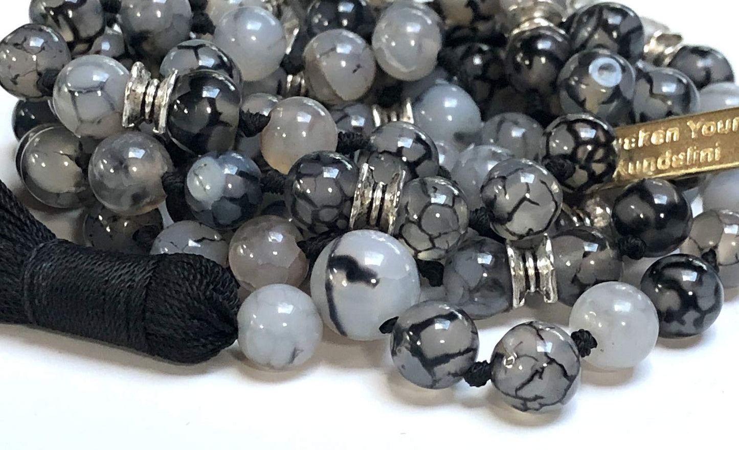 Certified Energized Mala Beads Necklace with COA - Chakra Mala - Japa Mala - 8mm 108 Buddhist Prayer Beads - Meditation Mala - Tassel Necklace – Zodiac/Sun Sign stones (Dragon Vein Agate)