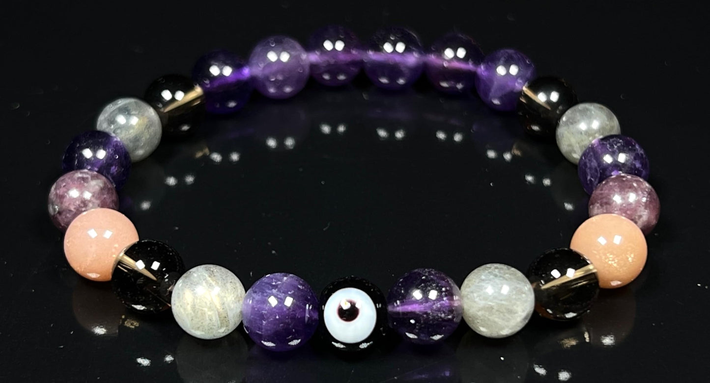 AWAKEN YOUR KUNDALINI Tranquility and Emotional Balance Stretch Bracelet, Evil Eye, Rose Quartz, Amethyst, Smoky Quartz, Labradorite, Charoite