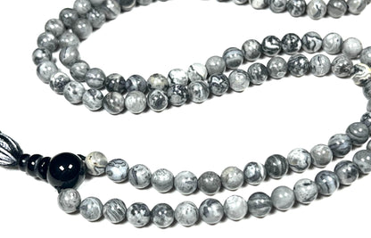 Handmade Scenic Jasper Mala Beads Necklace – 108 Beads – 6mm & 8mm – Root Chakra & Aries Birthstone – Spiritual Meditation Jewelry