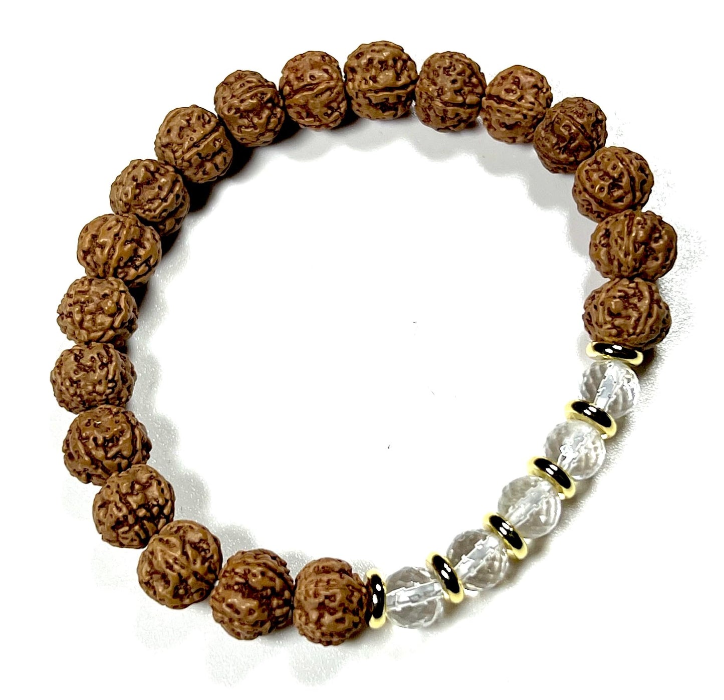 5 Mukhi Chikna Rudraksha Bracelet with Crystal Quartz | Stretch Beads for Balance & Clarity