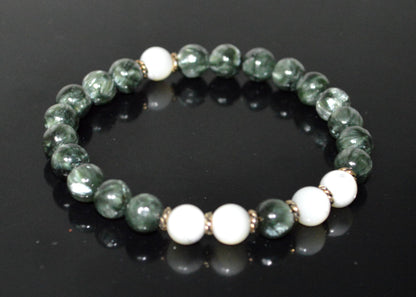 Seraphinite and Mother of Pearl Beads Stretch Bracelet - Universal Birthstone - Heart Chakra Jewelry