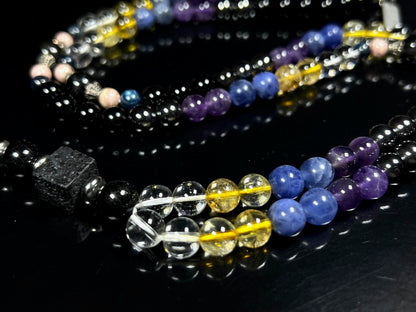 Saturn Retrograde Sanctuary Mala Beads Necklace – Black Tourmaline, Hematite, Clear Quartz, Citrine, Rhodochrosite | Empath Shield | Heart Chakra | November & February Birthstones