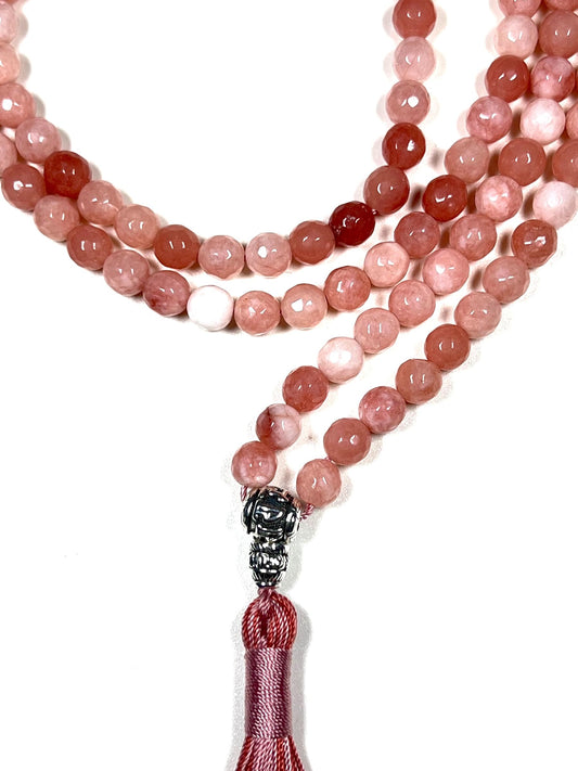 Faceted Peach Jade Mala Beads Necklace – 8mm, 108 Beads – Birthstone & Chakra Energy Beads for Spiritual Practices & Meditation