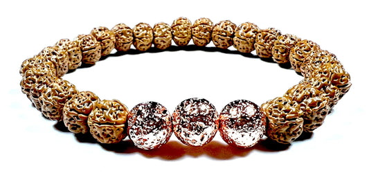 Handmade 5 Mukhi Chikna Rudraksha & Rose Gold Lava Bead Bracelet - Root Chakra Balance & Universal Birthstone - Strength & Harmony