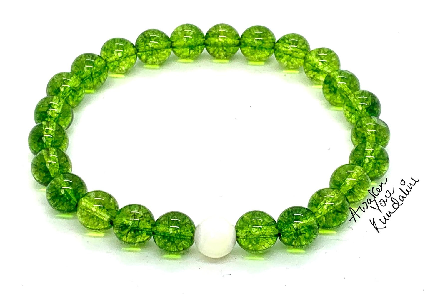 Handcrafted Peridot and Mother of Pearl Stretch Bracelet - August Birthstone for Leo and Virgo - Heart Chakra Alignment