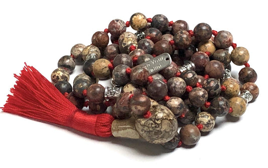 Certified Energized Mala Beads Necklace with COA - Chakra Mala - Japa Mala - 8mm 108 Buddhist Prayer Beads - Meditation Mala - Tassel Necklace – Zodiac/Sun Sign stones (Leopard Skin Jasper)