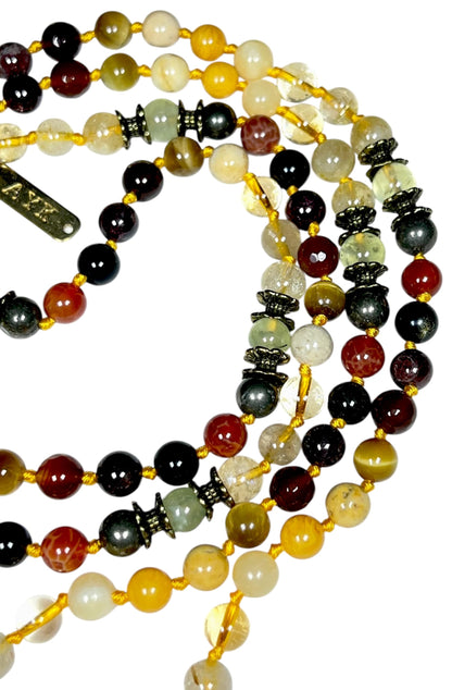 Hand Knotted Abundance Alchemist Mala Beads Necklace | Manifestation Crystals | 8mm 108 Beads | Solar Plexus & Root Chakras | Universal Zodiac Birthstones | Ethically Sourced