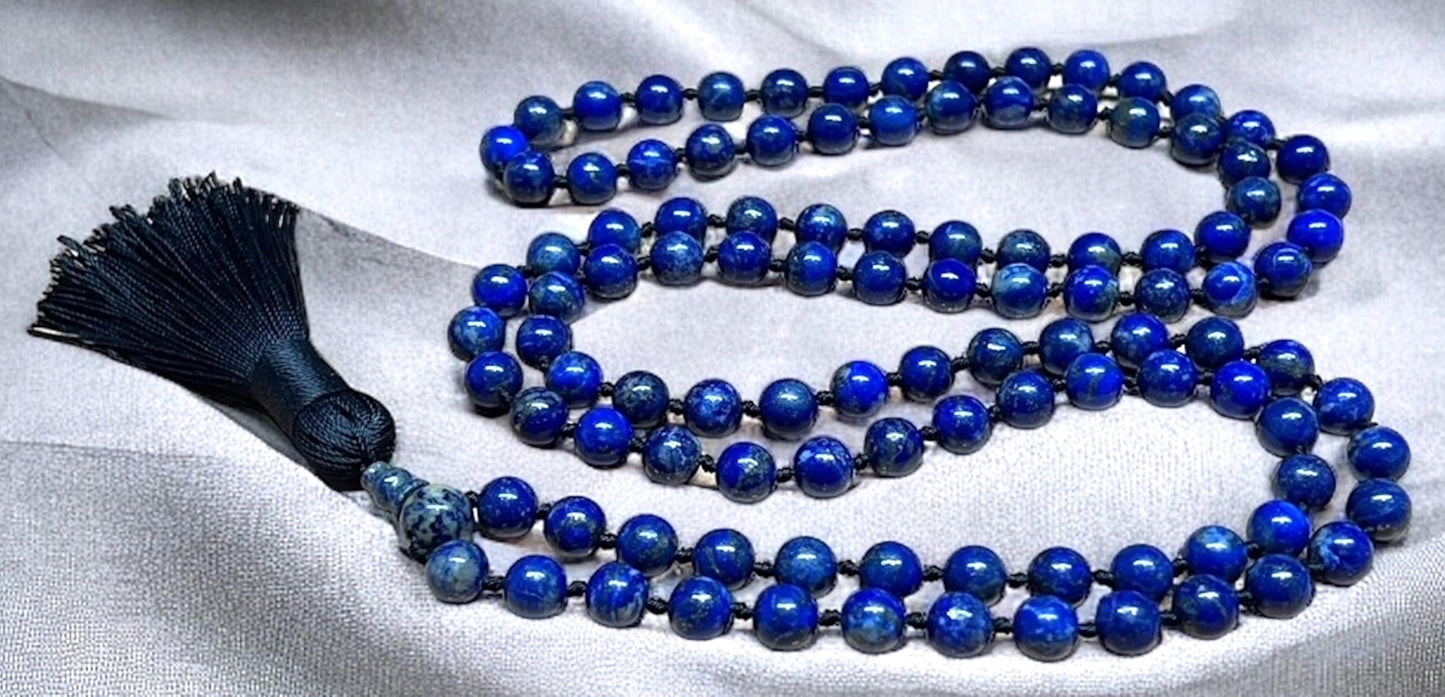 AWAKEN YOUR KUNDALINI Hand Knotted 8mm Lapis Lazuli Mala Beads Necklace, Third Eye & Throat Chakra Healing, Intuition & Communication, Natural Undyed