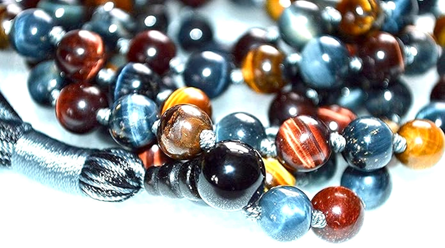 AWAKEN YOUR KUNDALINI Hand Knotted Multi-Color Tiger's Eye and Hawk's Eye Mala Necklace - Embrace Balance and Strength