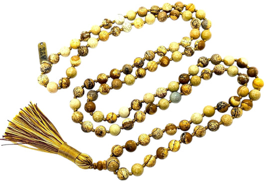 Hand-Knotted Picture Jasper Mala Beads Necklace – 8mm 108 Beads – Root Chakra & Virgo Birthstone – Meditation Jewelry