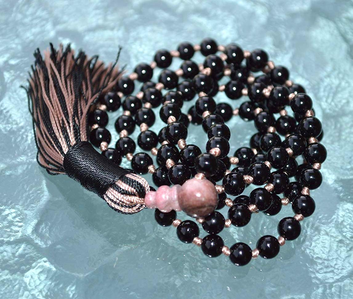 Black Tourmaline Mala beads showing natural stone grading and uniform color selection