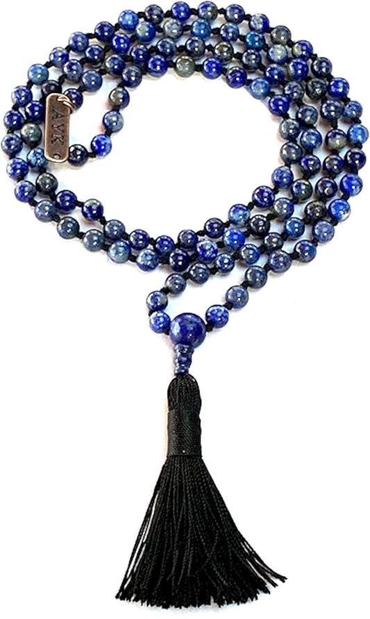 AWAKEN YOUR KUNDALINI Hand Knotted 8mm Lapis Lazuli Mala Beads Necklace, Third Eye & Throat Chakra Healing, Intuition & Communication, Natural Undyed