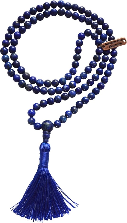 Deepen Inner Wisdom - Handmade Lapis Lazuli Mala Necklace (8mm 108 Beads) - Virgo & Sagittarius Birthstone & Third Eye Chakra Balance