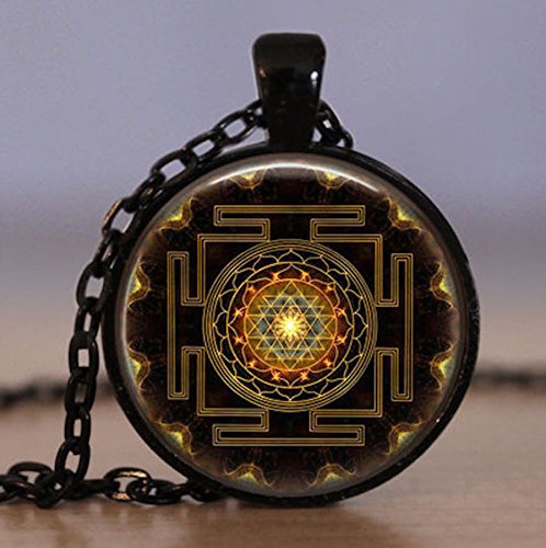 Sri Yantra, Shree Yantram, Kavach Pendant 1" Inch - Sacred Golden polished Hollowed Sri Yantra Pendant Necklace jewelry in High Quality Finish - w/Chain