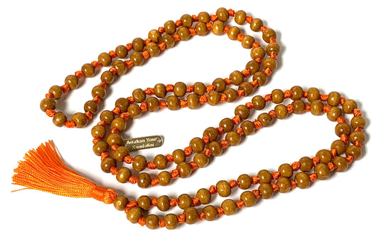 Awaken Your Kundalini Tulsi mala beads necklace hand knotted mala holy basil beads 8 mm 108 Buddhist prayer beads 7 Chakra mala colors - w/Velvet mala pouch (SECOND SACRAL CHKARA)