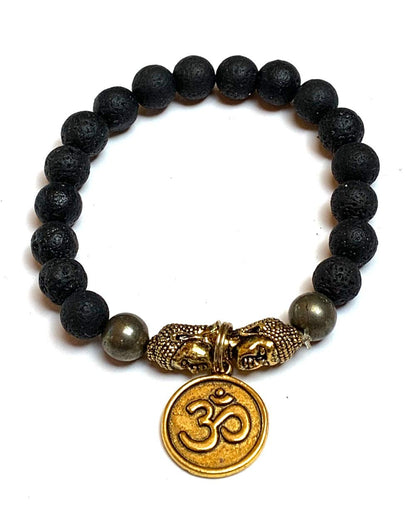 VULCAN Pyrite Lava Stretch Bracelet with Buddha & Om Charm | Grounding & Abundance