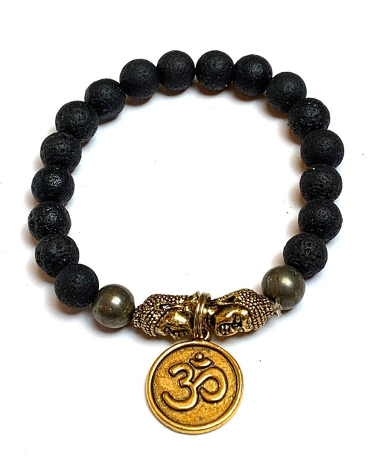 VULCAN Pyrite Lava Stretch Bracelet with Buddha & Om Charm | Grounding & Abundance