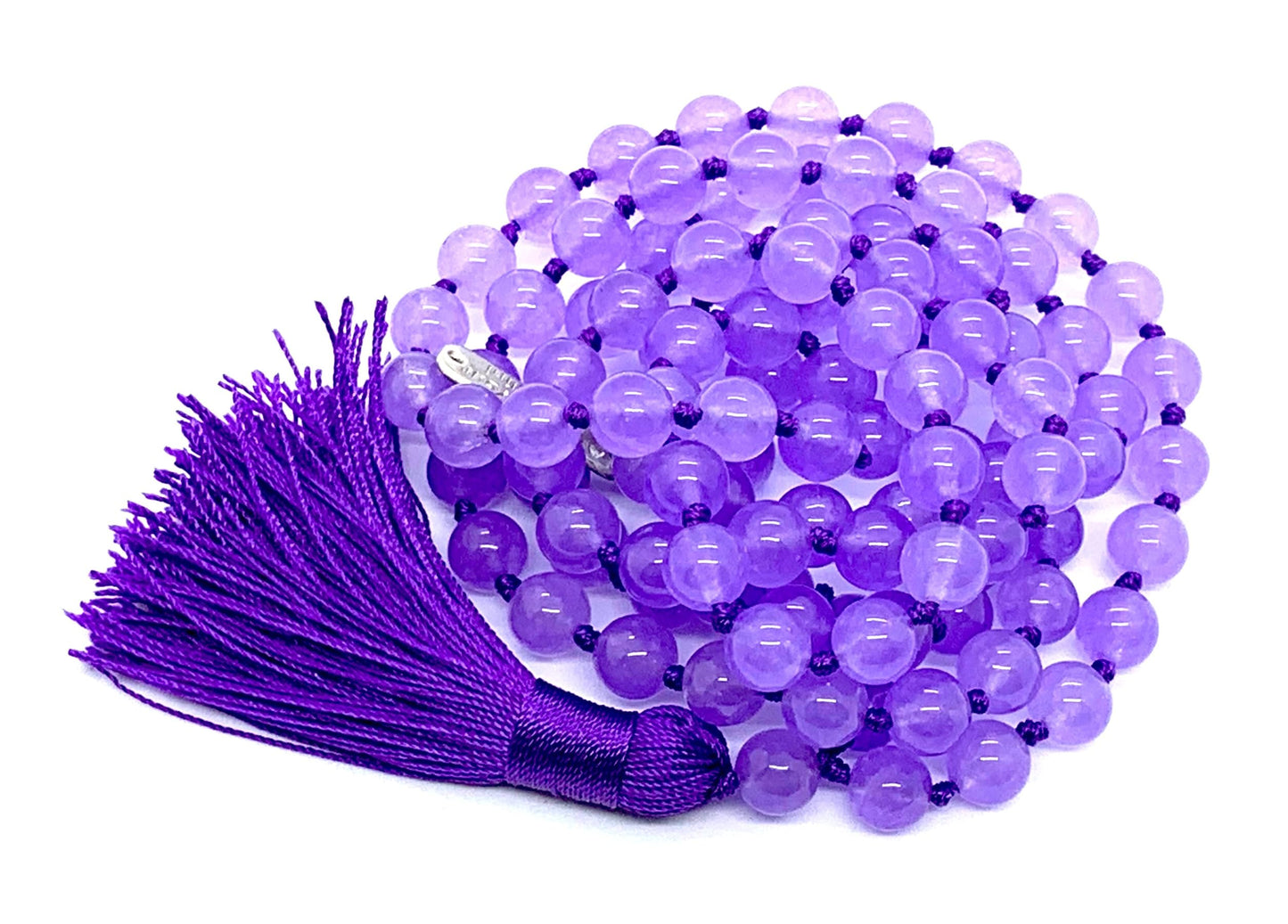 Hand Knotted Royal Harmony Mala Necklace – Natural Purple Jade Beads | 8mm 108 Prayer Beads | Third Eye & Crown Chakras | February Birthstone Energy