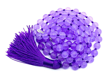 Hand Knotted Royal Harmony Mala Necklace – Natural Purple Jade Beads | 8mm 108 Prayer Beads | Third Eye & Crown Chakras | February Birthstone Energy