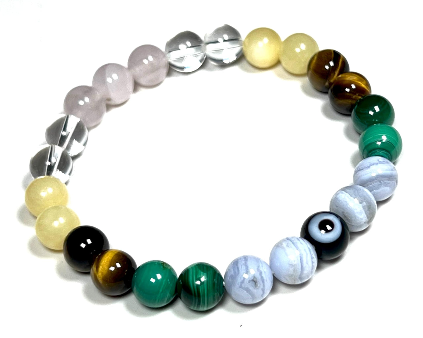 Awaken Your Kundalini Crystals For Happines - Beaded Bracelet - Malachite Tiger's Eye Calcite Blue Lace Agate Rose Quartz Evil Eye - Heart Chakra Stones, Happy Bracelet, Crystals for Joy