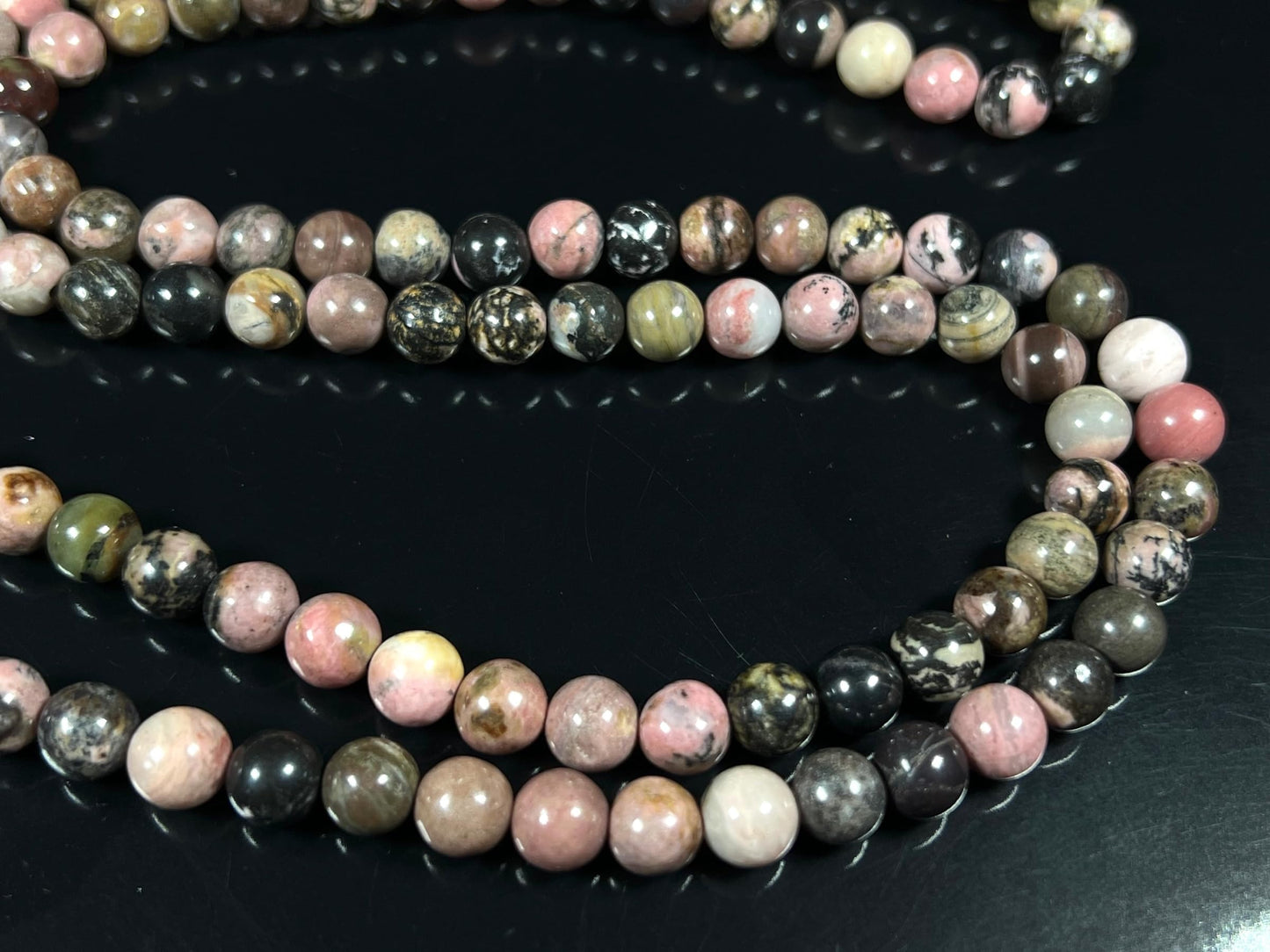 Rhodonite Mala Beads Necklace with Black Onyx Guru Bead – 108 Beads – 6mm & 8mm – Heart Chakra & Gemini Birthstone – Meditation Jewelry