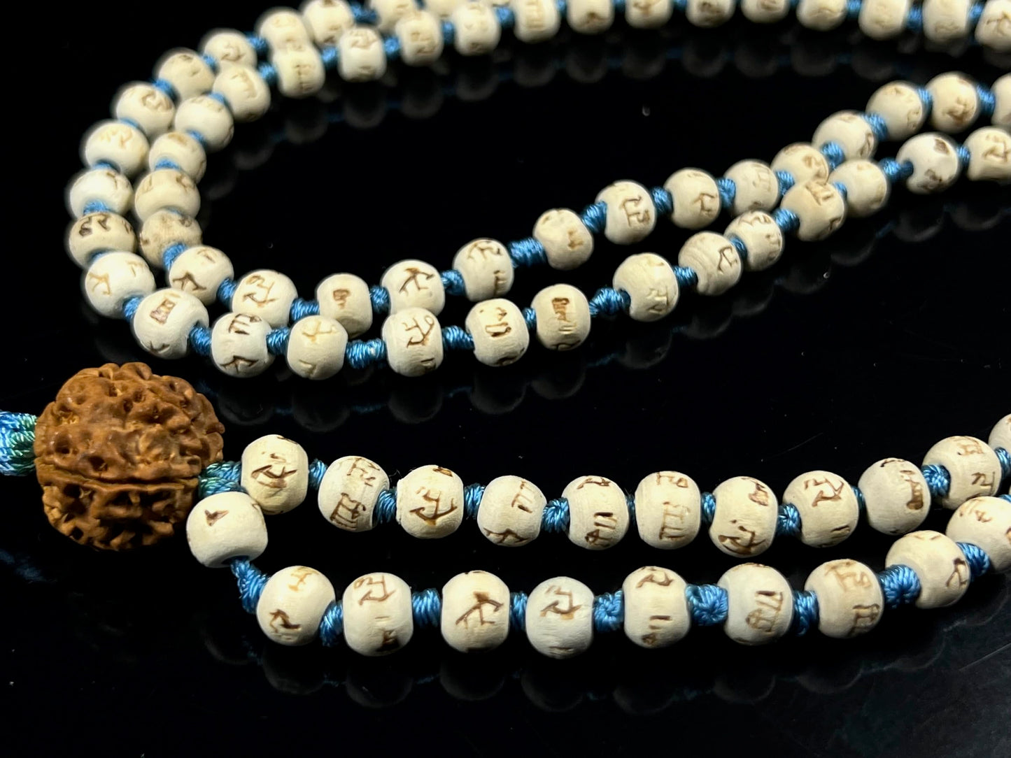 Tulsi Mala Beads Necklace w/ 5 Mukhi Rudraksha – 8mm Beads with "Ram" Inscription – Root Chakra & Aries Birthstone – Meditation Jewelry