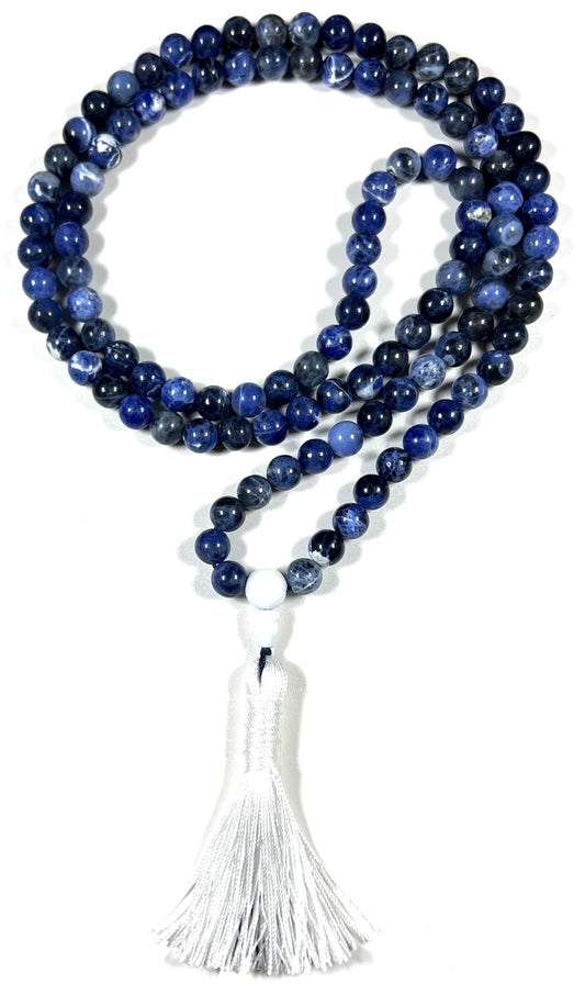 Sodalite Mala Beads Necklace – 8mm, 108 Beads – Throat & Third Eye Chakra, Sagittarius Birthstone