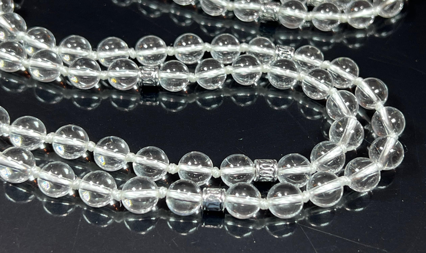 Illuminate Your Path: Hand-Knotted 8mm Clear Crystal Quartz Mala Beads Necklace - Leo Birthstone Sun Sign - Crown Chakra