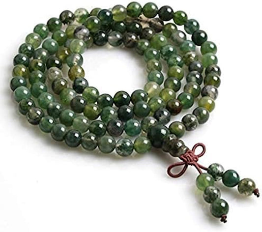 Heart Chakra Green Moss Agate mala necklace 8mm meditation Mala beads 108 prayer beads | Unconditional love Abundance Forgiveness Trust Compassion Child birth, w/velvet or 100% Jute pouch