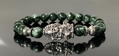 Seraphinite Stretch Bracelet with Choice of Alloy Silver Finish Mother Mary & Holy Cross or Lord Ganesha - Universal Birthstone - Heart & Crown Chakra