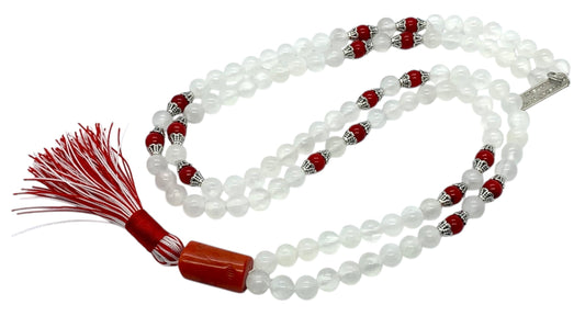 Selenite & Red Coral Mala Beads Necklace | 8mm 108 Beads | Crown & Root Chakras | Birthstones Jewelry | Ethically Sourced - Ocean Light