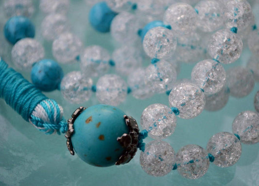 Crackled Quartz & Turquoise Hand-Knotted Mala Necklace  | PRABHA Collection