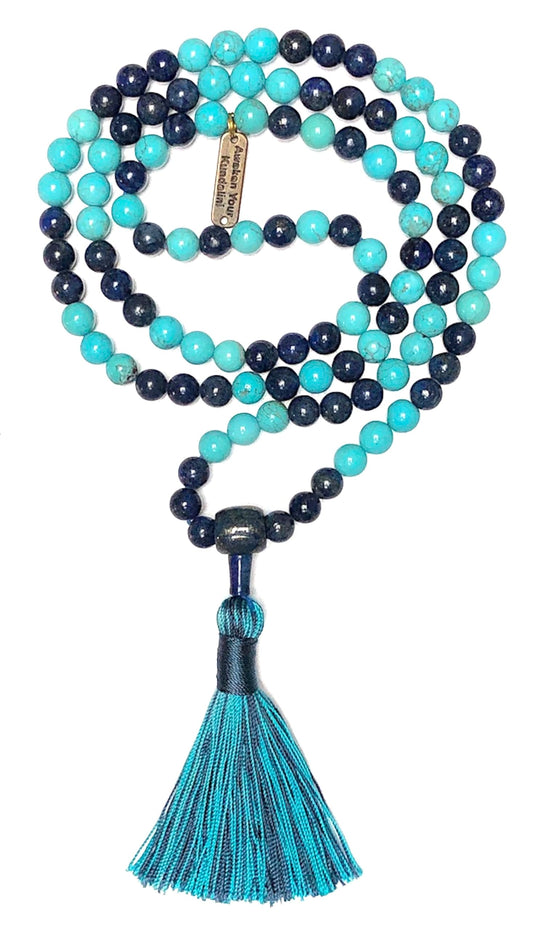 Lapis & Turquoise Mala Beads Necklace – 8mm 108 Beads – Throat & Third Eye Chakras – Sagittarius & Capricorn Birthstones