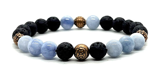 Lava Rock & Aquamarine Stretch Bracelet: Aquarius & Pisces Birthstone - Balance & Communication - Throat & Root Chakra Harmony (8mm Beads - 7.5 Inch Wrist Size)