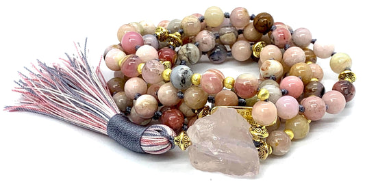 Pink Opal Mala Necklace | 8mm 108 Beads Hand-Knotted | AMOR Collection