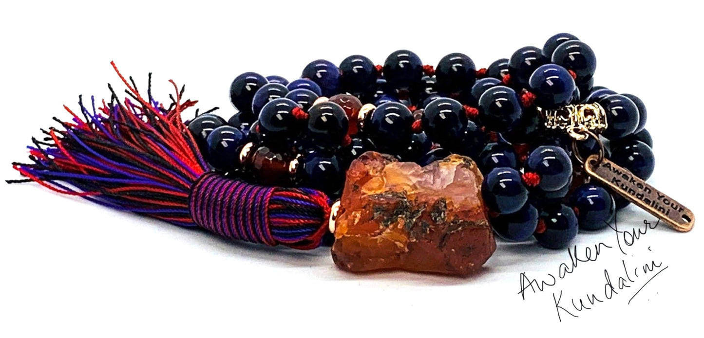 Hand Knotted Royal Vision Mala – Purple Tiger’s Eye with Faceted Carnelian Markers | 8mm 108 Beads | Third Eye & Sacral Chakras | July Birthstone Energy | Ethically Sourced