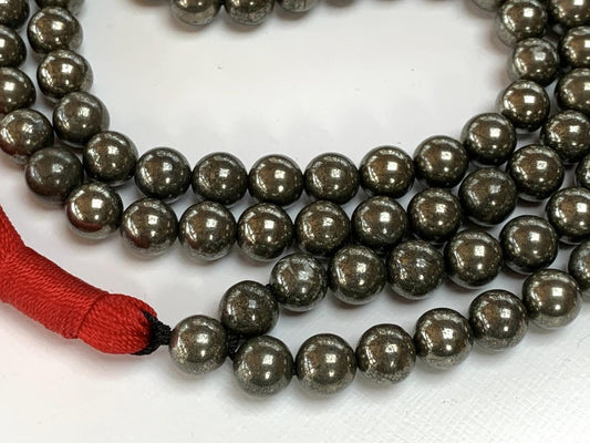 Pyrite Mala Necklace, 8mm 108 Beads Iron Pyrite Tassel Necklace for Men, Women, Leo Birthstone, Sacral Chakra Association