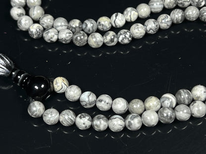 Handmade Scenic Jasper Mala Beads Necklace – 108 Beads – 6mm & 8mm – Root Chakra & Aries Birthstone – Spiritual Meditation Jewelry