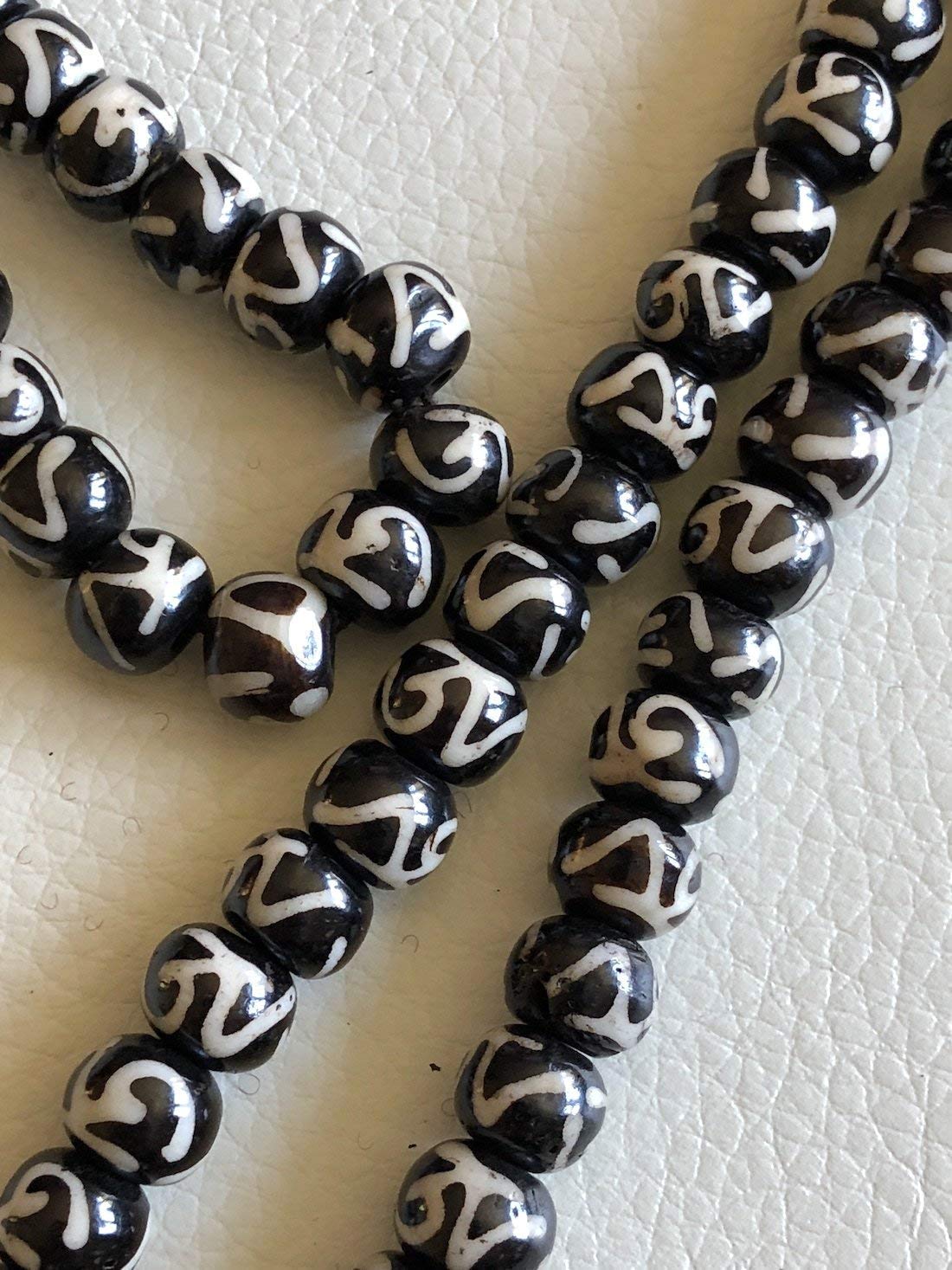 Bone mala beads necklace 108+1 Yakbone mantra chanting beads - Energized 8-10mm Tibetan beads for nirvana tantric sidhi chanting mantra w/Mala Pouch (Black with Om Script on each bead)
