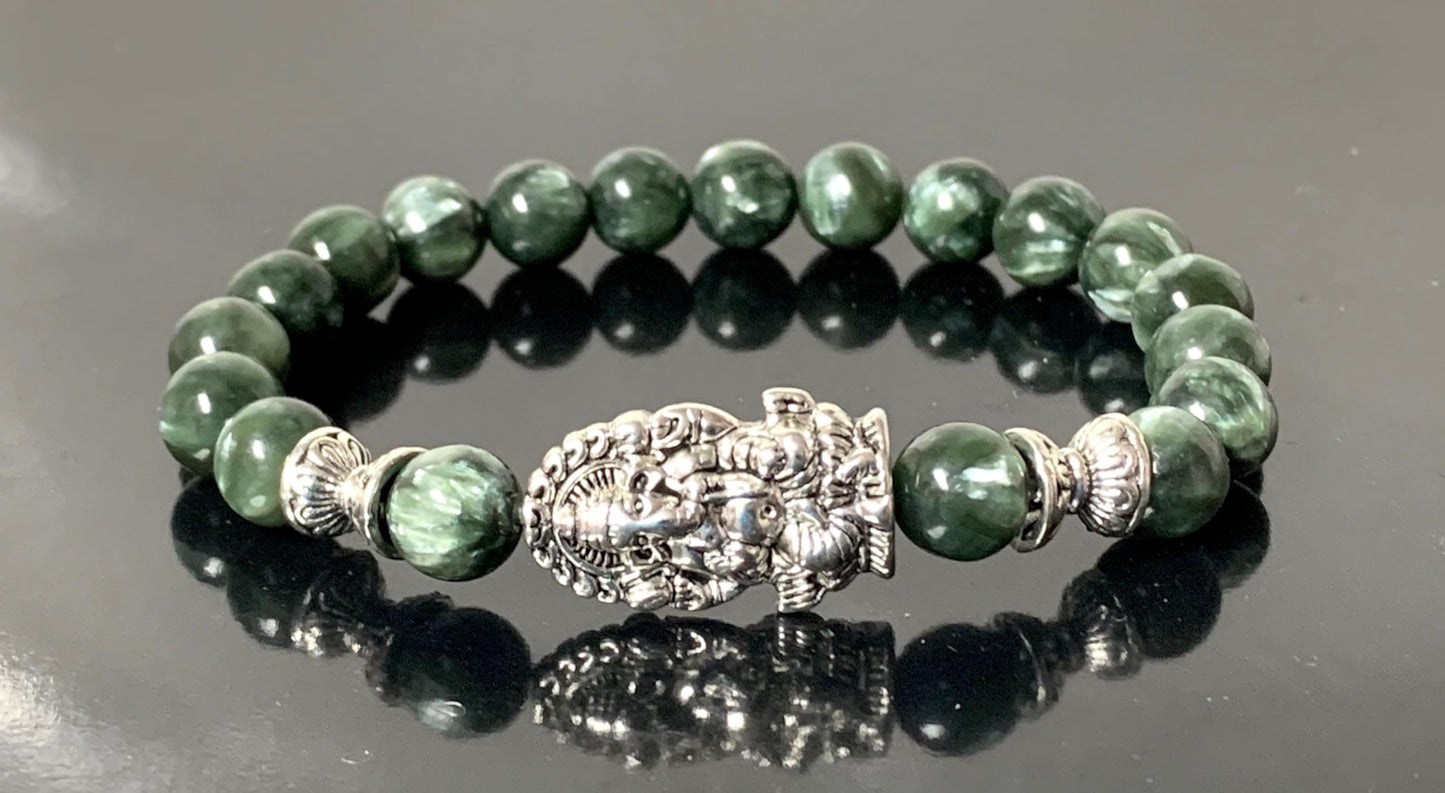 Seraphinite Stretch Bracelet with Choice of Alloy Silver Finish Mother Mary & Holy Cross or Lord Ganesha - Universal Birthstone - Heart & Crown Chakra