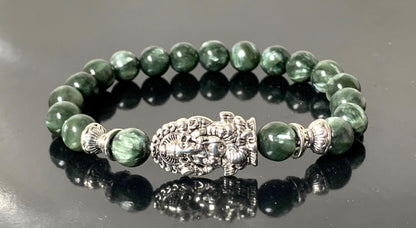 Seraphinite Stretch Bracelet with Choice of Alloy Silver Finish Mother Mary & Holy Cross or Lord Ganesha - Universal Birthstone - Heart & Crown Chakra