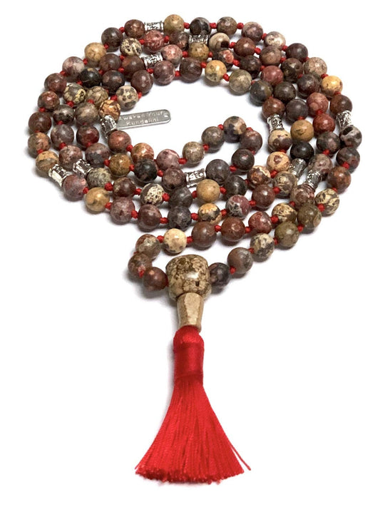 Find Strength & Stability: Hand-Knotted Leopard Skin Jasper Mala Necklace (8mm) - Virgo Birthstone & Root Chakra Balance