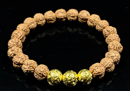 VULCAN Rudraksha & Lava Bracelet | Gold-Plated Stretch | 8mm Beads