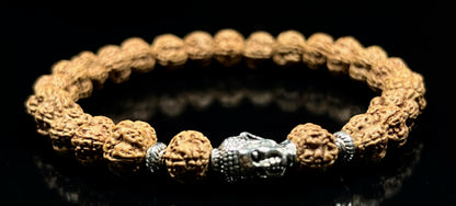 Cultivate Inner Peace: Handmade 5 Mukhi Rudraksha & Buddha Head Bracelet (8mm) - Root Chakra Balance & Universal Birthstone