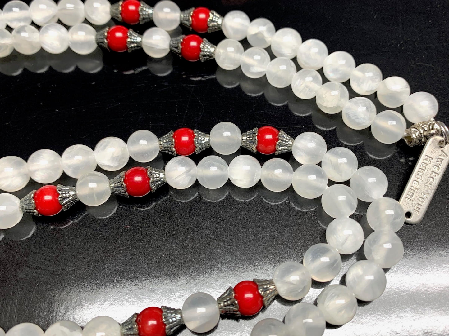 Selenite & Red Coral Mala Beads Necklace | 8mm 108 Beads | Crown & Root Chakras | Birthstones Jewelry | Ethically Sourced - Ocean Light