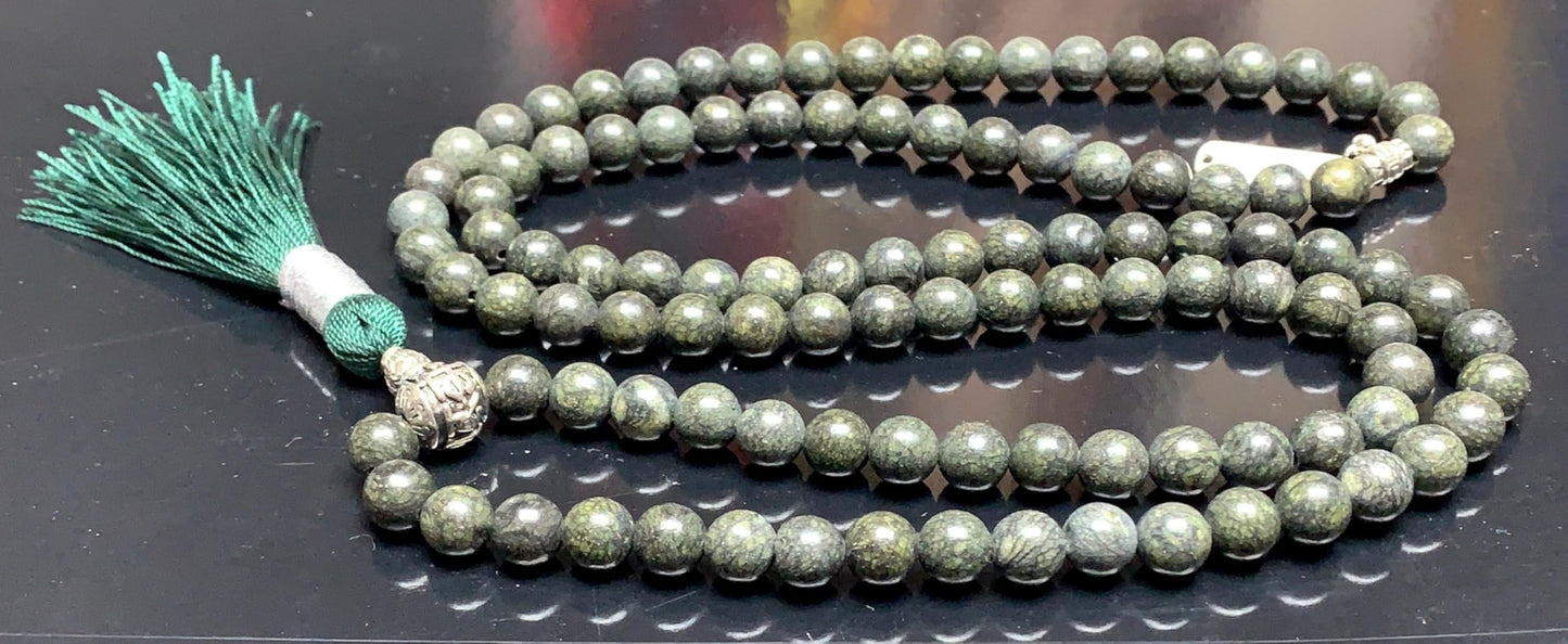 Handmade Om Serpentine Mala Necklace | Zinc Alloy Om Mani Padme Hum Guru | 8mm 108 Mala Beads | Heart Chakra | May Birthstone Energy | Ethically Sourced