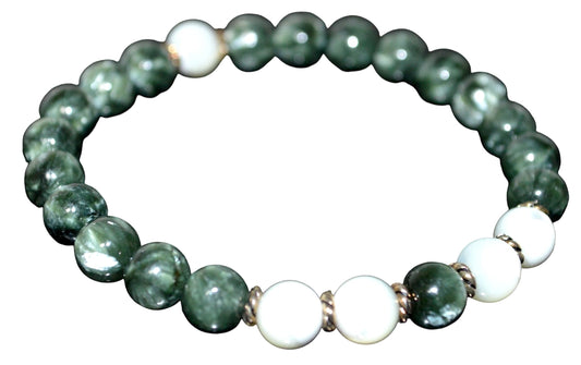 Seraphinite and Mother of Pearl Beads Stretch Bracelet - Universal Birthstone - Heart Chakra Jewelry