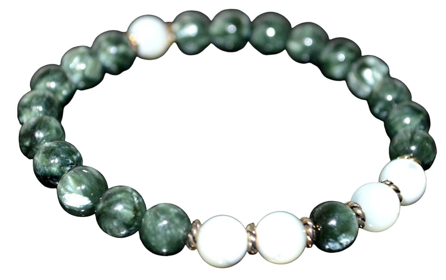 Seraphinite and Mother of Pearl Beads Stretch Bracelet - Universal Birthstone - Heart Chakra Jewelry